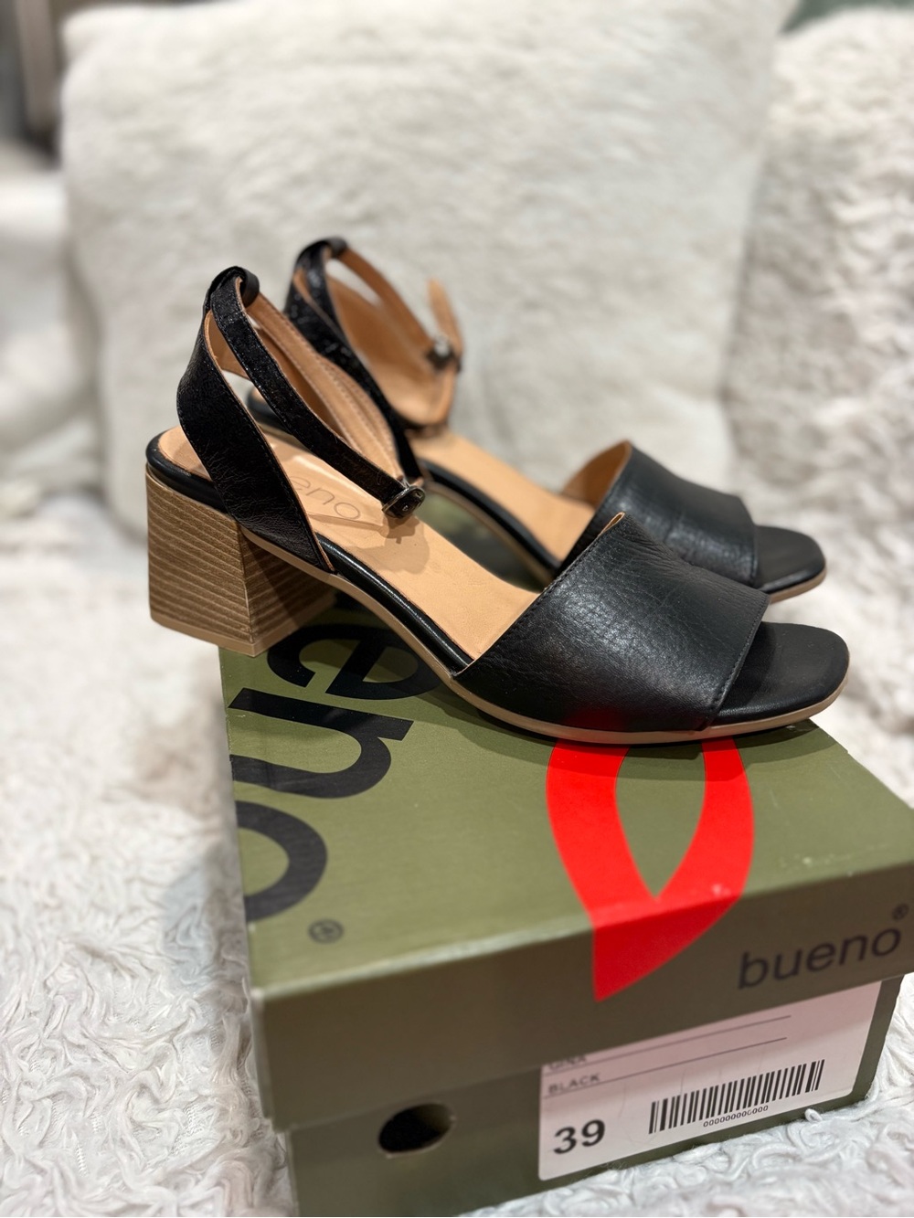 Bueno Black Leather Block Heel Sandals